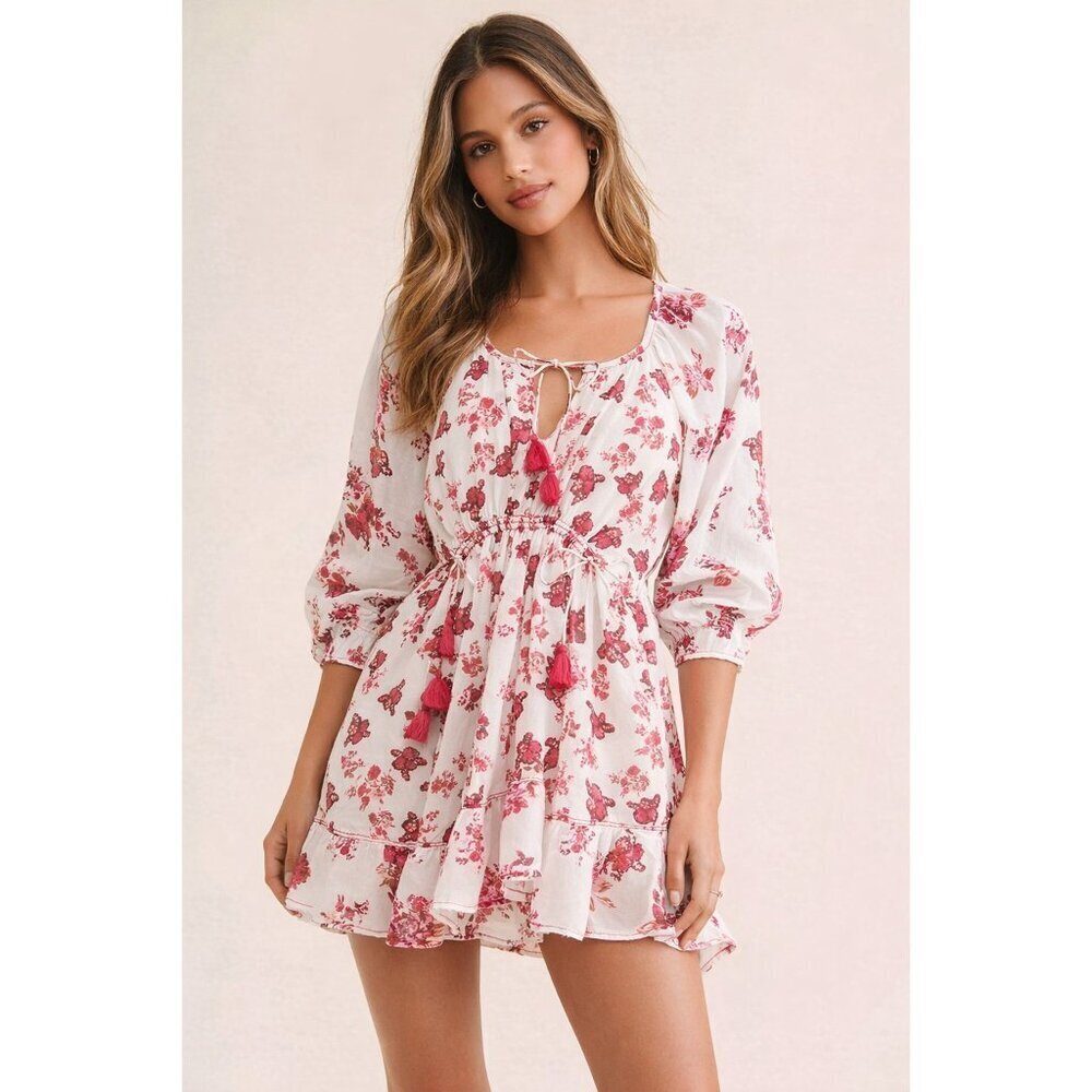 Free People Camella Floral Mini Dress Pink Red Floral Ivory Combo - Size Large